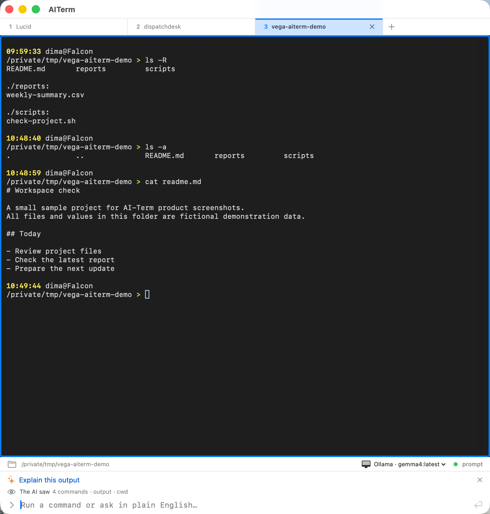 Actual AI-Term terminal showing a sample workspace, command history, and the AI prompt bar
