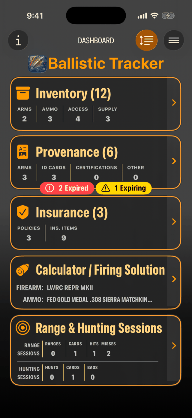 BallisticTracker dashboard covering inventory, provenance, insurance, calculator, and range sessions
