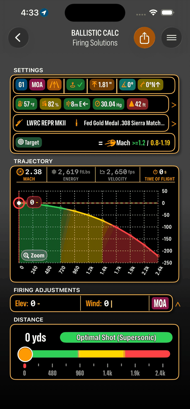 BallisticTracker trajectory chart and firing solution controls