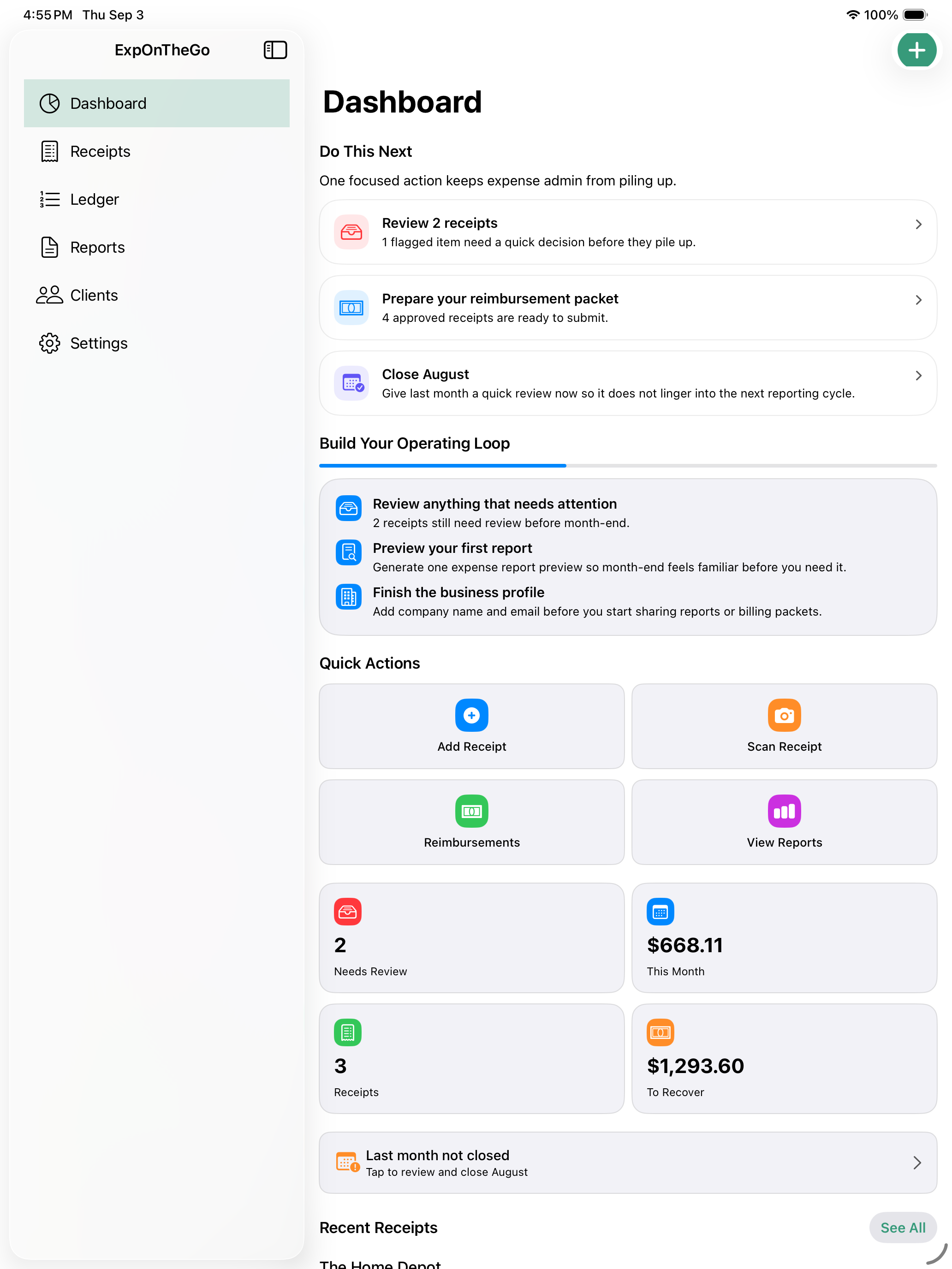 ExpenseOnTheGo iPad dashboard with receipts, reports, reimbursements, and quick actions