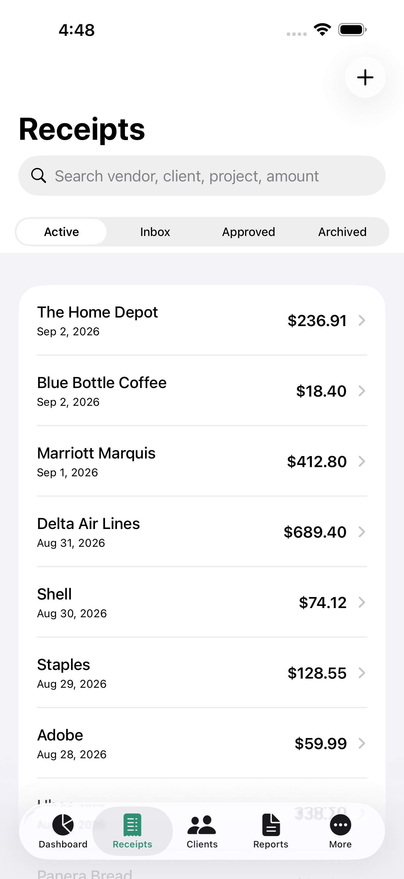 ExpenseOnTheGo iPhone receipt list